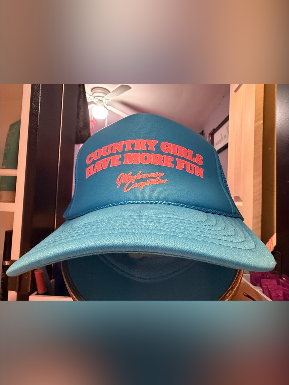 Teal Trucker Hat with Coral Text - "Country Girls Have More Fun"